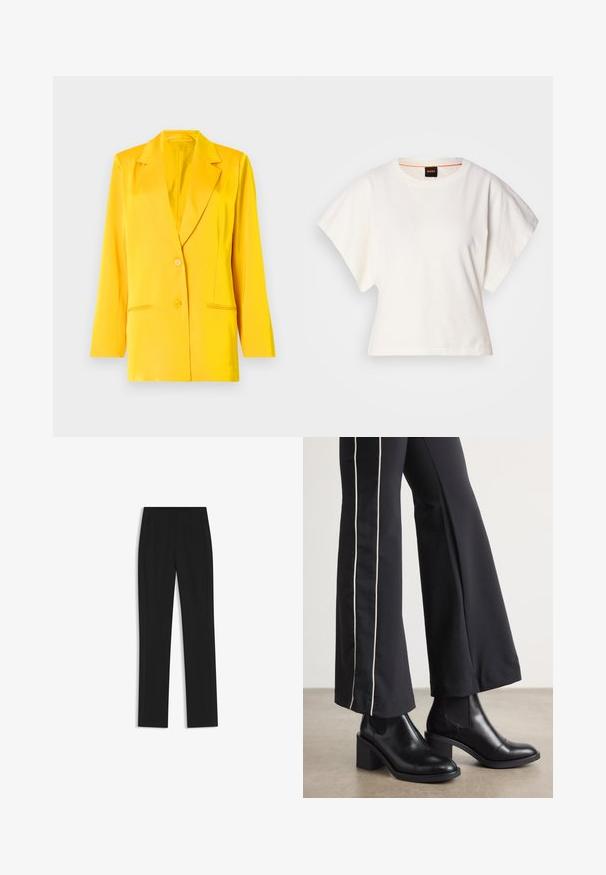 Yellow blazer made from smooth fabric featuring a shawl collar, two front pockets, and two buttons for closure. Tailored fit, long sleeves.; White cropped T-shirt, short wide sleeves, soft cotton material, round neckline with subtle orange trim, minimal design, no patterns or graphics.; Black tailored trousers with a straight-leg design, featuring front pockets and a smooth, textured fabric. Neat, minimal detailing.; Black leather ankle boots with a block heel, featuring elastic side panels. Paired with black pants that have a white side stripe.
