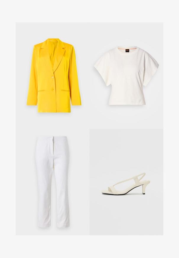 Gelbes Blazer aus glattem Stoff mit Schalkragen, zwei Vorderaschen und zwei Knöpfen zum Schließen. Taillierte Passform, lange Ärmel.; Weißes, kurzes T-Shirt, kurze weite Ärmel, weicher Baumwollstoff, runder Ausschnitt mit subtilen orangefarbenen Akzenten, minimales Design, keine Muster oder Grafiken.; Weiße Baumwollhose mit geradem Bein, mittelhoher Taille und ohne sichtbare Beschläge oder Muster. Glatte Textur auf der gesamten Fläche.; Beige Blockabsatzsandalen mit dünnen Riemen und quadrater Spitze. Glattes Material mit minimalem Design, entworfen für einfaches Tragen.
