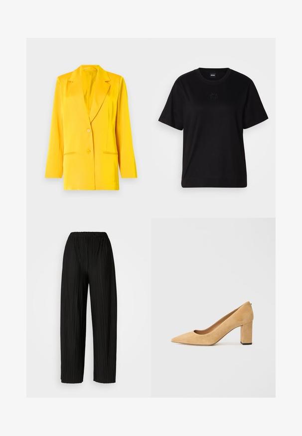 Gul blazer lavet af glat stof med sjalskrave, to forlommer og to knapper til lukning. Tætsiddende pasform, lange ærmer.; Sort bomulds t-shirt med rund halsudskæring, korte ærmer og et broderet logo på brystet. Enkel, afslappet pasform uden mønstre.; Sorte plisserede bukser med bredt ben og elastisk talje. Stoffet har lodrette plisseringer og en glat tekstur.; Beige ruskind højhælede pumper med spidse tæer og en kraftig blokhæl. Materialet har en blød tekstur med en glat overflade.