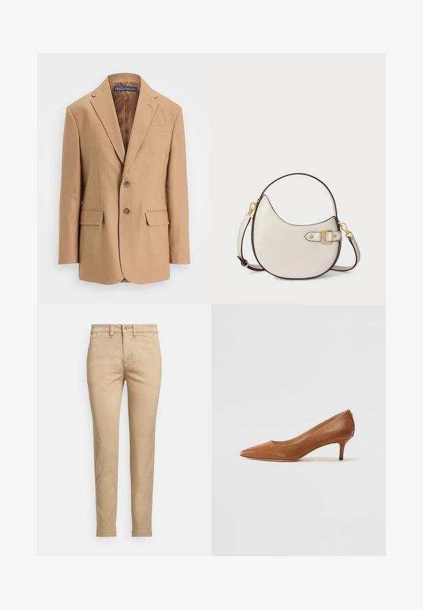 Tan blazer made of smooth fabric, featuring a single-breasted design, two front pockets, and two buttons. Notched lapels and clean lines.; White long-sleeve turtleneck sweater with a small navy blue polo player logo on the left chest.; Beige cotton chinos with a straight fit, featuring a button closure, front pockets, and stitched detailing along the seams.; Lauren Ralph Lauren ADRIENNE - Classic heels - deep saddle tan; Cream leather handbag with a curved shape and brown trim. Features a gold clasp and adjustable strap for versatile carrying options.