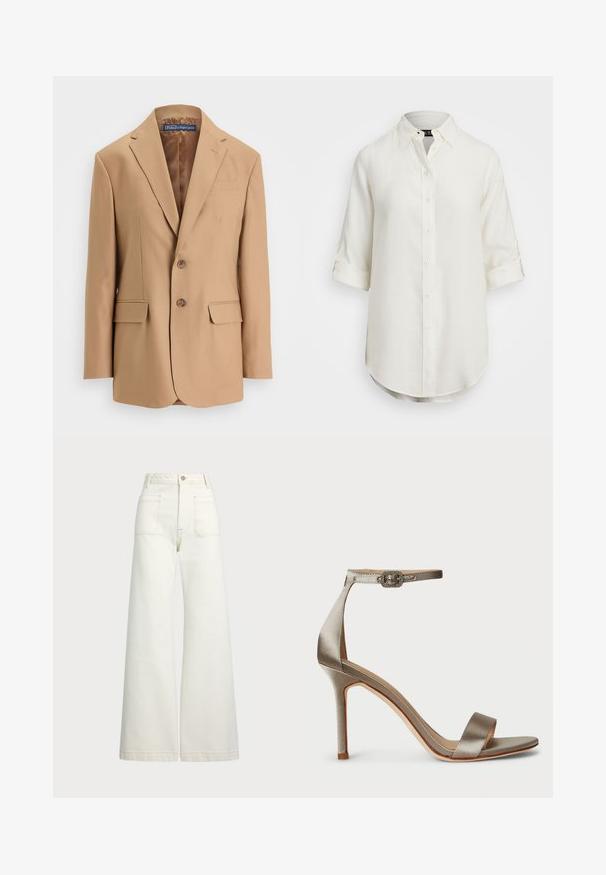 Beżowa marynarka wykonana z gładkiego materiału, z zapięciem na jeden guzik, dwoma przednimi kieszeniami i dwiema guzikami. Z klapami w kształcie litery V i czystymi liniami.; Biała lniana koszula z zapięciem na guziki, krótkimi podwiniętymi rękawami, kołnierzykiem i okrągłym dołem. Posiada jasne guziki.; Spodnie dżinsowe o szerokich nogawkach w odcieniu off-white. Wysoki stan z zapięciem na guzik, dwiema kieszeniami z przodu i detalami z kontrastowym przeszyciem.; Srebrne satynowe sandały na wysokim obcasie z paskiem na kostkę, z dekoracyjną klamrą. Otwarty nosek i smukły, elegancki fason.