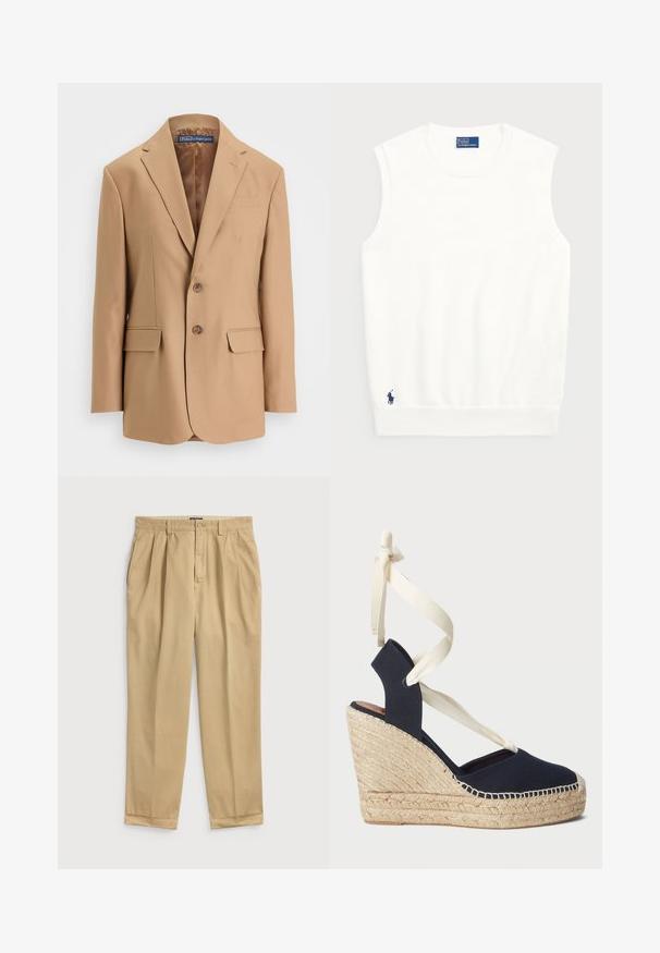 Blazer color beige hecho de una tela suave, con un diseño de un solo botón, dos bolsillos frontales y dos botones. Solapas con muesca y líneas limpias.; Suéter blanco sin mangas hecho de algodón suave, con un dobladillo acanalado y un pequeño logo azul marino en la parte inferior izquierda. Diseño simple, sin patrones.; Pantalones de algodón beige claro con un corte relajado, que cuentan con pliegues frontales, bolsillos laterales y dobladillo con puño.; Sandalia cuña de lona azul marino con suela de esparto y cintas de crema atadas al tobillo. Diseño de talón cerrado y puntera redonda.