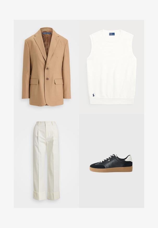 Vaaleanbeige blazer, joka on valmistettu sileästä kankaasta. Sen muotoilu on yksirivinen ja siinä on kaksi etutaskua sekä kaksi nappia. Viistot kaulukset ja siistit linjat.; Valkoinen hihaton villapaita, joka on valmistettu sileästä puuvillasta. Siinä on ribattu helma ja pieni tummansininen logo vasemmassa alakulmassa. Yksinkertainen muotoilu, ei kuvioita.; Valkoiset mittatilauspohjaiset housut, joissa on korkea vyötärö, kaksinkertaiset etukourut ja leveät lahkeet, joissa on käänteet. Valmistettu sileästä, teksturoidusta kankaasta.; Mustat nahka- ja mokkanahkakengät, joissa on vaaleanruskea kumipohja. Ominaisuuksiin kuuluvat valkoiset nauhat ja pienet rei'itykset sivuilla. Michael Korsin logo läsnä.