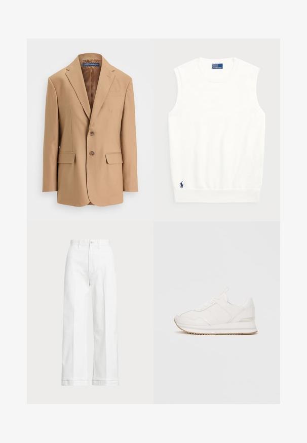 Smėlinis švarkas, pagamintas iš lygios medžiagos, su vieno mygtuko uždarymu, dviem priekinių kišenių ir dviem mygtukais. Su išskirtinėmis atvartinėmis ir tvarkinga linijomis.; Balta be rankovių liemenė, pagaminta iš lygios medvilnės, su raukštu apvadu ir mažuoju tamsiai mėlynu logotipu apatiniame kairiajame kampe. Paprastas dizainas, be raštų.; Balti platūs kelnės su aukštu juosmeniu, su mygtuko uždarymu ir subtiliu siuvimo akcentu. Pagamintos iš medvilnės su glotnia tekstūra.; Baltos žemakulnės sportbačiai su raišteliais, paminkštintu padu ir šviesios rudos gumos išoriniu padu ant vientiso fono.