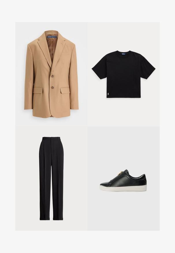 Blazer bej dintr-un material neted, având un design cu un singur rând de nasturi, două buzunare frontale și două nasturi. Rever cu câte o tăietură și linii curate.; Tricou din bumbac negru, cu mâneci scurte, guler rotund și un mic logo alb în colțul din stânga jos. Croială clasică, pătrată, cu detalii minime.; Pantaloni negri, croiți pe măsură, cu talie înaltă, cu plii în față, design cu picior drept și tiv manșetat. Confecționați dintr-un material neted.; Pantofi negri din piele, cu slip-on, cu o cusătură ridicată, detalii metalice argintii pe partea superioară și o talpă din cauciuc albă cu un logo embosat.