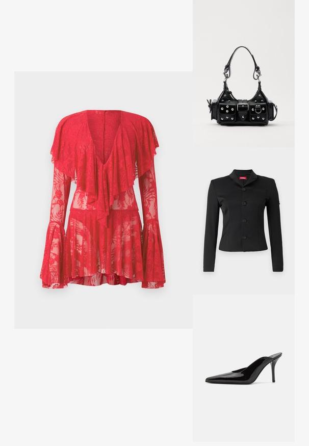 Sort blazer lavet af glat stof, med et sjalskrave, fem runde knapper, lange ærmer og en brystlomme.; Rød blondekjole med lange udvidede ærmer, en dyb V-hals, lagdelte flæser og blomster mønstre. Den gennemsigtige tekstur fremhæver designet.; Sorte lakerede højhælede mulesko med spids tå og en slank silhuet, der har åben hæl og en slank stilettohæl.; Sort læderhåndtaske med et buet design, prydet med sølvfarvede nitter, en spænde og to sidelommer. Justerbar rem til forskellige bære muligheder.