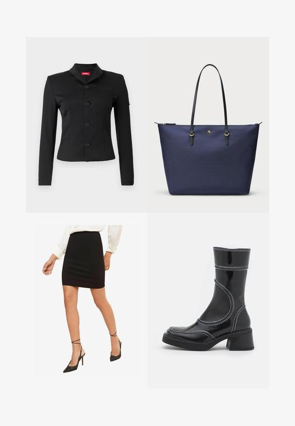 Sort blazer lavet af glat stof, med et sjalskrave, fem runde knapper, lange ærmer og en brystlomme.; Sort langærmet top lavet af et gennemsigtigt, elastisk stof. Har rynke-detaljer langs siderne og en rund halsudskæring.; Sort tætsiddende miniskørt, glat materiale, mellem høj talje, parret med sorte spidse højhælede sko med ankelstropper.; Sort patenteret læder ankelstøvle med hvid stikning, rund tå og blokhæl. Har buede designlinjer og en glat tekstur.; Marineblå tote taske lavet af tekstureret stof, med sorte læderhåndtag og guldfarvede hardware detaljer. Lynlås lukning øverst.
