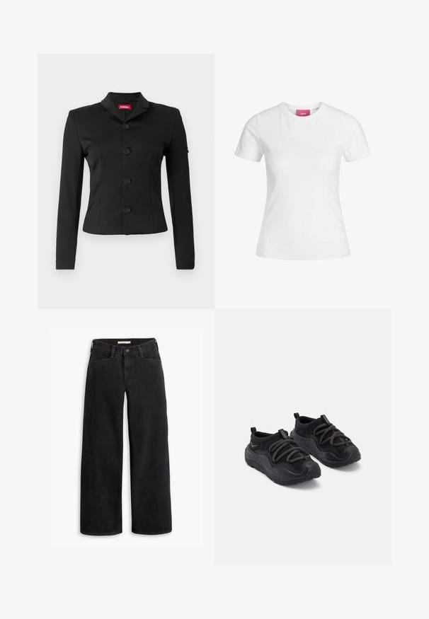 Sacou negru dintr-un material neted, cu guler tip șal, cinci nasturi rotunzi, mâneci lungi și un buzunar pe piept.; Tricou alb din bumbac, cu mâneci scurte și decolteu rotund. Prezintă o etichetă roz pe gulerul interior. Textură netedă.; Jeansle negre cu picioare largi, fabricate din denim. Au o talie înaltă, buzunare frontale și un fermoar cu închidere prin buton. Textură netedă.; Pantofi sport negri cu o talpă din cauciuc texturat, parte superioară din material textil căptușit, șireturi elastice și mânere la călcâi pentru o îmbrăcare ușoară.