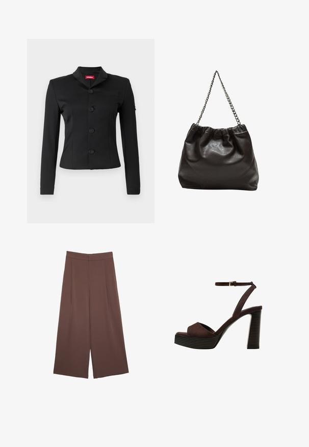 Černý blazer vyrobený z hladké tkaniny, se šálovým límcem, pěti kulatými knoflíky, dlouhými rukávy a náprsní kapsou.; Hnědé tričko s krátkým rukávem vyrobené z měkké tkaniny, s kulatým výstřihem a volným střihem. Hladký povrch bez vzorů nebo akcentů.; Hnědé široké kalhoty s hladkou texturou, vysokým pasem a předními záhyby. Materiál je lehký a volně splývá.; Hnědé semišové sandály na vysokém podpatku s otevřenou špičkou, nastavitelným páskem kolem kotníku a proužkovou platformou.; Hnědá kožená taška se sbíraným vrškem a řetízkovým popruhem. Hladký povrch s lesklým finišem a jemným švem na bocích.