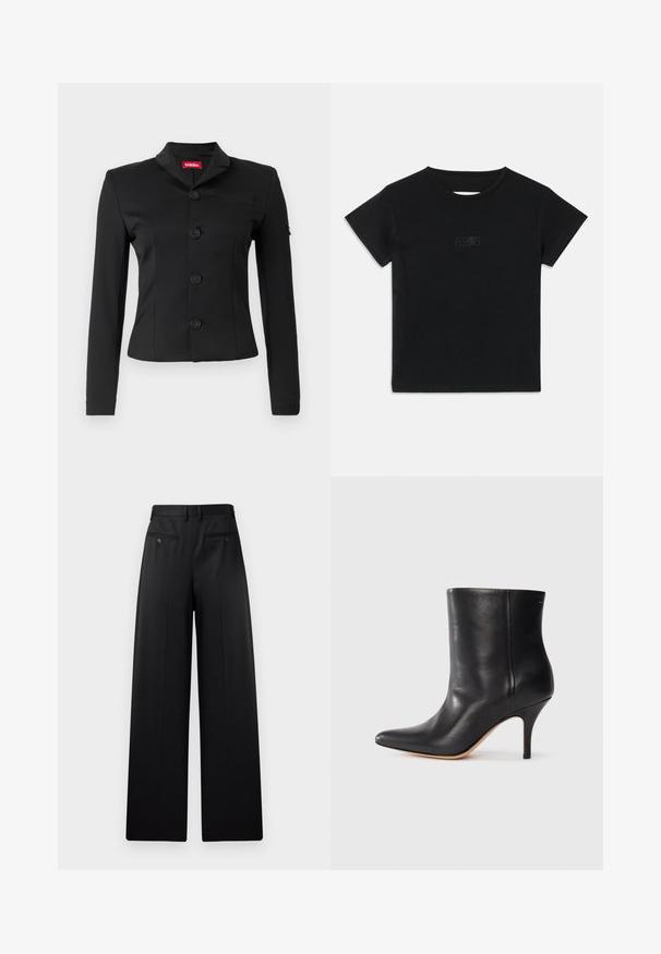 Blazer nero realizzato in tessuto liscio, con colletto a scialle, cinque bottoni rotondi, maniche lunghe e taschino sul petto.; T-shirt nera in cotone a maniche corte, con scollatura rotonda e una piccola stampa grafica in una tonalità più chiara sul davanti.; Pantaloni neri a gamba larga con fronte piatto, due tasche posteriori con bottoni e una texture liscia. Design sartoriale con taglio dritto.; Stivale alla caviglia in pelle nera con punta affilata, sottile tacco a stiletto e superficie liscia. Design minimalista senza hardware o accenti visibili.