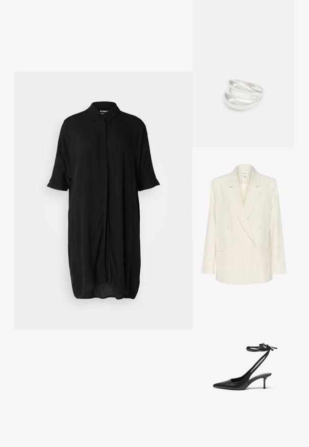 Kreem värvi topeltkattesületse koos vertikaalsete tumesiniste triipudega. Omab lõikega krae, esip pockets ja tekstuurset kangast. Nööpide detailid on kaasas.; Mustmust musta särgis kleit, millel on lühikesed varrukad ja kerge kangas. Omab kraed, nööpide eesosa ja avarat, pikemat siluetti.; Must musta stiletto kingad terava ninaga, avatud seljaosa ja pahkluu rihmadega, mis on seotud kaareks. Kitsa 3-tollise kontsaga. Sile tekstuur, minimalistlik disain.; Mustast nahast õlakott, mis omab siledat tekstuuri, ristküliku kuju ning esiküljel metallketi detaili. Reguleeritav rihm on kaasas.; Hõbedane kahekordne rõngas sujuva, poleeritud pinnaga. Omab voolavat, kõverat disaini, millel on kattuvad sektsioonid, et saavutada kaasaegne ilme.