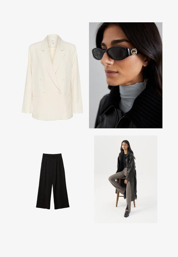Dvojradový blejzer v krémovej farbe s vertikálnymi námořníckymi pruhmi. Obsahuje klopový golier, predné vrecká a štruktúrovanú tkaninu. Zahrnuté detaily gombíkov.; Biely bavlnený top bez rukávov s okrúhlym výstrihom a priliehavým strihom. Hladká textúra, jednoduchý dizajn a minimálne švy.; Čierne nohavice s širokými nohavicami a vysokým pásom, s plišmi, hladkou textúrou a bez viditeľných vreciek či ozdôb.; Čierny kožený trenčkot s gombíkmi a detailom pásu, v kombinácii so svetlohnedými priliehavými nohavicami a čiernymi mokasínami, posadený na drevenej stoličke.; Čierne slnečné okuliare s elegantným obdĺžnikovým rámom a zlatým logom na boku. Tmavé šošovky a lesklý povrch sú výrazné.