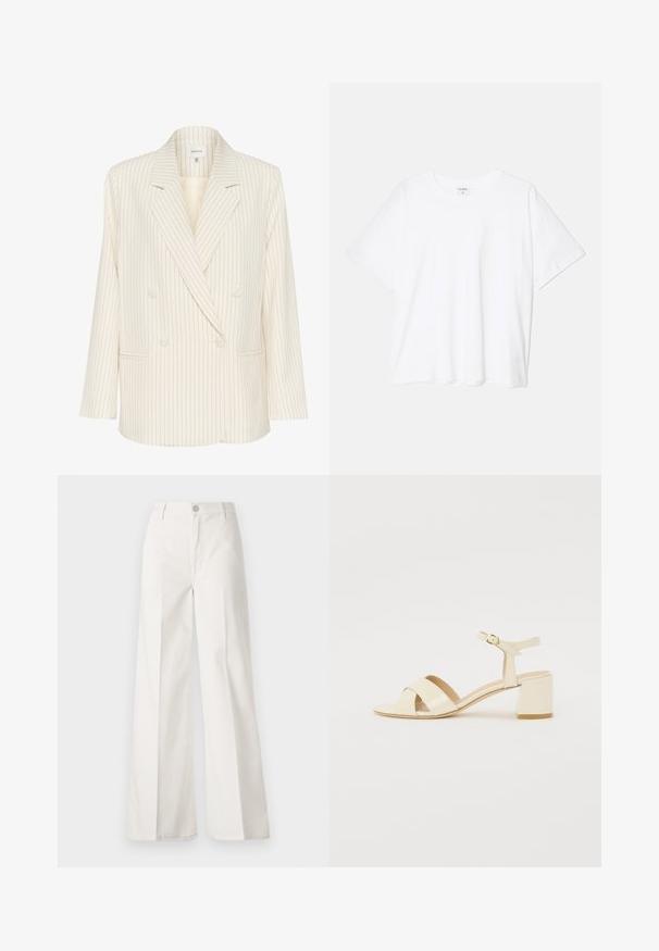Dobbeltknäppt blazer i krämfärg med vertikala marinblå ränder. Har en spetsig slag, framfickor och textil med struktur. Detaljer med knappar ingår.; Vit bomull t-shirt med kort ärm, rund halsringning, avslappnad passform och söm i nederkant. Etikett synlig på insidan av halsen.; Vita vida-byxor gjorda av bomull med en slät textur. Har en framknapp, gylf med dragkedja och fyra fickor.; Beiga lackläderklacksandaler med korsad remdesign, öppen tå, justerbar ankelrem och blockklack. Slät yta.