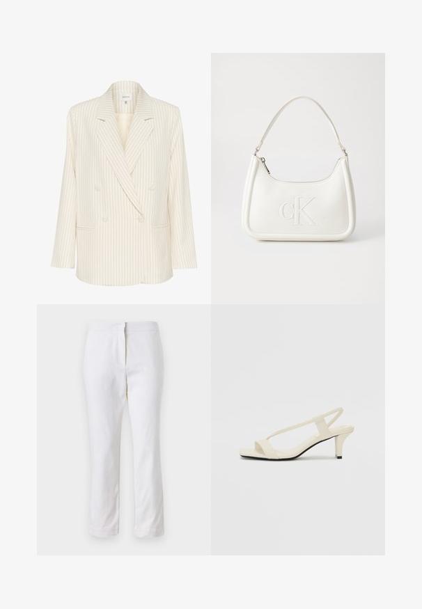 Valkoinen kaksirivinen bleiseri, jossa on pystysuorat tummansinset raidat. Varustettu läpällisellä kauluksella, etutaskuilla ja teksturoidulla kankaalla. Napitusyksityiskohtia sisältyy.; Valkoinen lyhythihainen t-paita, leveät lyhyet hihat, pehmeää puuvillamateriaalia, pyöreä pääntie jossa hienovarainen oranssi reunus, minimaalinen muotoilu, ei kuvioita tai graafisia elementtejä.; Valkoiset puuvillahousut suoralla lahkeella, joissa on keskikorkea vyötärö ja ei näkyviä varusteita tai kuvioita. Ehjä pinta kauttaaltaan.; Beige sandaalit, joissa on loiva korko, ohuet hihnat ja neliönmallinen varvasosa. Sileä materiaali, jossa on minimaalista yksityiskohtaa, suunniteltu helppokäyttöiseksi.; Valkoinen nahkalaukku, jossa on kaareva muotoilu, etupuolella kohokuvioitu "CK" -logo ja yksi olkahihna. Vetoketjukiinnitys ylhäällä.