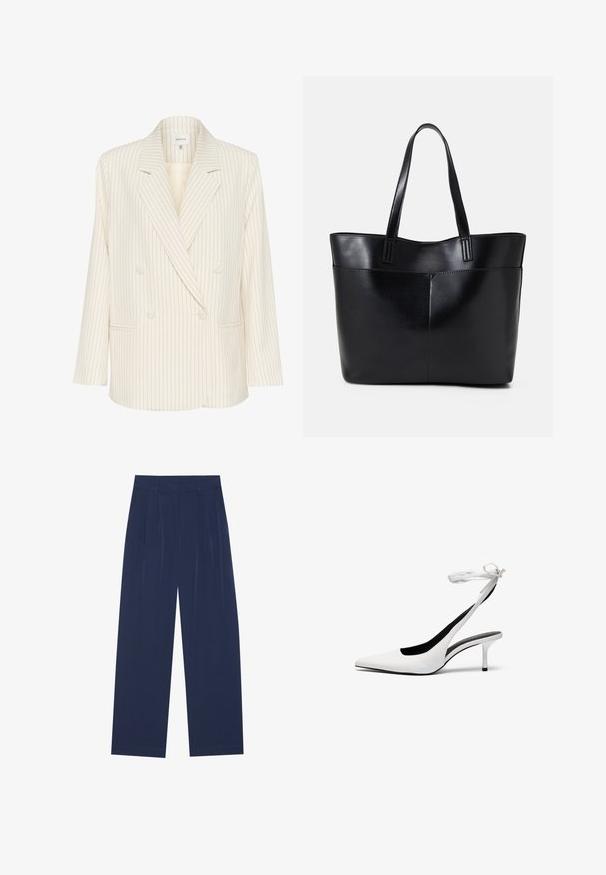 Kettősből készült blézer krémszínben, függőleges tengerészkék csíkokkal. Jellemzője a kivágott hajtóka, elülső zsebek és texturált anyag. Gombdíszítés található rajta.; Fehér, rövid ujjú póló, puha pamutból készült. Kerek nyakkivágással és laza szabással rendelkezik. Tiszta dizájn, látható minták vagy díszítések nélkül.; Sötétkék, bő szárú nadrág puha anyagból, elől redőkkel, sima textúrával, egyenes szabással, látható zsebek nélkül.; Fehér, hegyes orrú, hátsó pánttal ellátott magassarkú cipők vékony boka pánttal. Finom bőrből készült, vékony tűsarkú, és fekete belső béléssel rendelkezik.; Fekete bőr bevásárlótáska két hosszú fogantyúval, sima felülettel és strukturált formával. Elülső zseb található rajta a plusz tárolás érdekében.; Tiszta és borostyán színű gyanta gyűrűk, az egyik sima és átlátszó, a másik texturált, borostyán bevonattal rendelkezik. Mindkettő kerek, tömör formatervezésű.