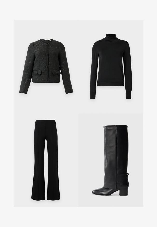 Zwarte textuur lange mouwen jas met ronde halslijn, knopen aan de voorkant en twee met knopen gesloten klepzakken.; Zwarte trui met lange mouwen en col, voorzien van geribde manchetten en zoom, weergegeven op een effen witte achtergrond.; Zwarte flared broeken met een hoge taille, gemaakt van rekbaar materiaal. Bevat verticale naden aan de voorkant en heeft een gladde textuur.; Zwarte leren kniehoogte laarzen met een gladde afwerking, vierkante neus, blokhak en zijstrikdetail voor een verstelbare pasvorm.