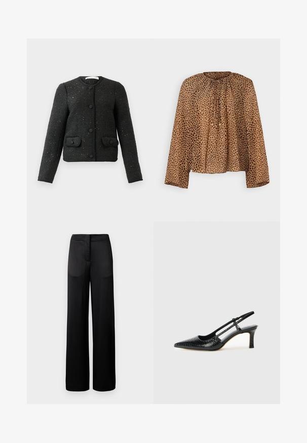 Fekete textúrájú, hosszú ujjú dzseki, kerek nyakkivágással, elülső gombokkal és két gombbal záródó zsebből álló zsebbel.; Barna, pöttyös blúz kerek nyakkivágással, ráncolt részletekkel és hosszú ujjakkal. Könnyű, áttetsző anyag, laza szabással.; Széles lábú fekete nadrág, texturált felülettel, lapos derékkal és két oldalsó zsebbel. Az anyag könnyűnek és légiesnek tűnik.; Fekete lakk slingback sarok, hegyes orral, texturált kígyómintával, állítható pánttal és rövid, texturált tömbsarkal.