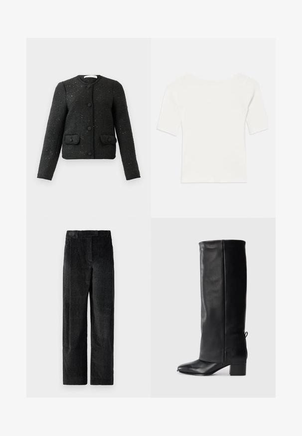 Čierna textúrovaná bundu s dlhým rukávom, okrúhlym výstrihom, prednými gombíkmi a dvoma zapínacími vreckami.; Biely rebrovaný krátky rukáv s širokým výstrihom. Textúra má vertikálne pruhy, čo zvýrazňuje priliehavý strih a jednoduchý dizajn.; Čierne, textúrované nohavice s širokými nohavicami a výrazným tkaním, s prednými skladmi a plochým pásom. Klasický dizajn pre všestrannosť.; Čierne kožené vysoké čižmy s hladkým povrchom, štvorcovou špičkou, blokovým podpätkom a bočným viazaním pre nastaviteľné prispôsobenie.