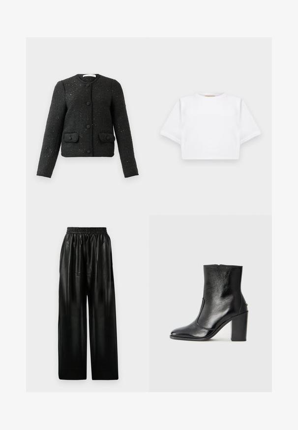 Μαύρο υφασμάτινο μπουφάν με μακρύ μανίκι και στρογγυλή λαιμόκοψη, μπροστινούς κούμπωτους και δύο τσέπες με καπάκι που κλείνουν με κουμπί.; Κομμένη λευκή μπλούζα φτιαγμένη από μαλακό ύφασμα, με κοντά μανικά και στρογγυλή λαιμόκοψη, καθώς και ριγωτές λεπτομέρειες στο τελείωμα. Απλός και χωρίς διακοσμήσεις σχεδιασμός.; Μαύρο δερμάτινο παντελόνι σε φαρδύ κόψιμο με ελαστική μέση, που διαθέτει δύο πλευρικές τσέπες και απαλό, γυαλιστερό υφή.; Μαύρο δερμάτινο μποτάκι έως τον αστράγαλο με απλή υφή, μυτερή μύτη και χοντρό ψηλό τακούνι. Διαθέτει πλαϊνό άνοιγμα και μινιμαλιστικό σχέδιο.