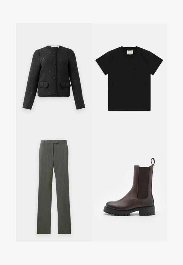 Čierna textúrovaná bundu s dlhým rukávom, okrúhlym výstrihom, prednými gombíkmi a dvoma zapínacími vreckami.; Čierne tričko s krátkym rukávom a okrúhlym výstrihom s bielou štítkom vo vnútri goliera označeným "D.R.C. EST. 2002" na bielom pozadí.; Tmavo šedé pruhované nohavice na mieru s pútkami na opasok a rovnými nohavicami, položené na bielom pozadí.; Hnedé kožené členkové čižmy s elastickými bočnými panelmi, pútkom a masívnou podrážkou s dezénom. Hladký povrch a robustný dizajn.