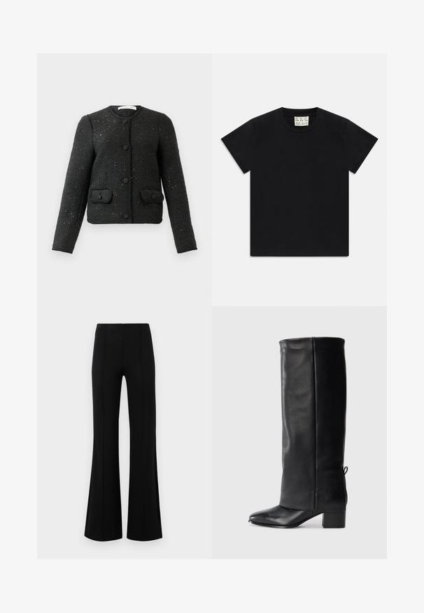 Czarna, teksturowana kurtka z długim rękawem, okrągłym dekoltem, z przodu z guzikami oraz dwoma kieszeniami z klapką zapinanymi na guziki.; Czarny t-shirt z krótkim rękawem i okrągłym dekoltem, z białą metką wewnątrz kołnierza oznaczoną "D.R.C. EST. 2002" na białym tle.; Czarne rozszerzane spodnie z wysokim stanem, wykonane z elastycznego materiału. Posiadają pionowe szwy z przodu oraz gładką teksturę.; Czarne skórzane botki za kolano z gładkim wykończeniem, kwadratowym noskiem, słupkowym obcasem oraz szczegółami w postaci bocznego wiązania umożliwiającego regulację dopasowania.