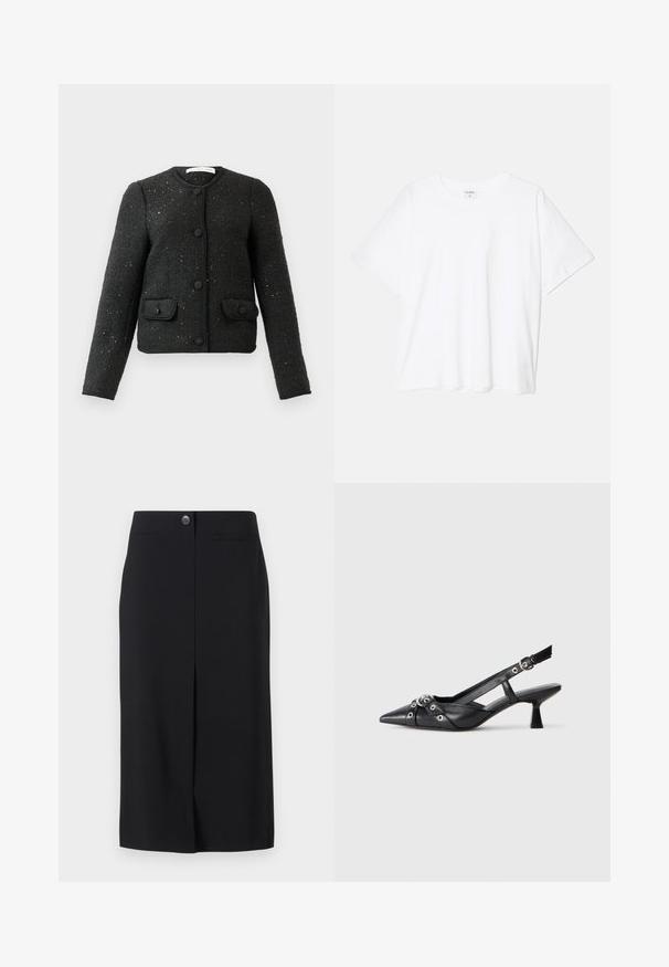 Svart strukturerad långärmad jacka med rund halsringning, framknappar och två knappförsedda fickor med lock.; Vit bomull t-shirt med kort ärm, rund halsringning, avslappnad passform och söm i nederkant. Etikett synlig på insidan av halsen.; Svart blyertskjol tillverkad av smidigt tyg. Har en knappstängning, två sidofickor och en frontslits för enkel rörelse.; Svart lädersko med slingback-design, spetsig tå, dekorativa remmar med metallöglor och en låg klack. Texturerad yta.