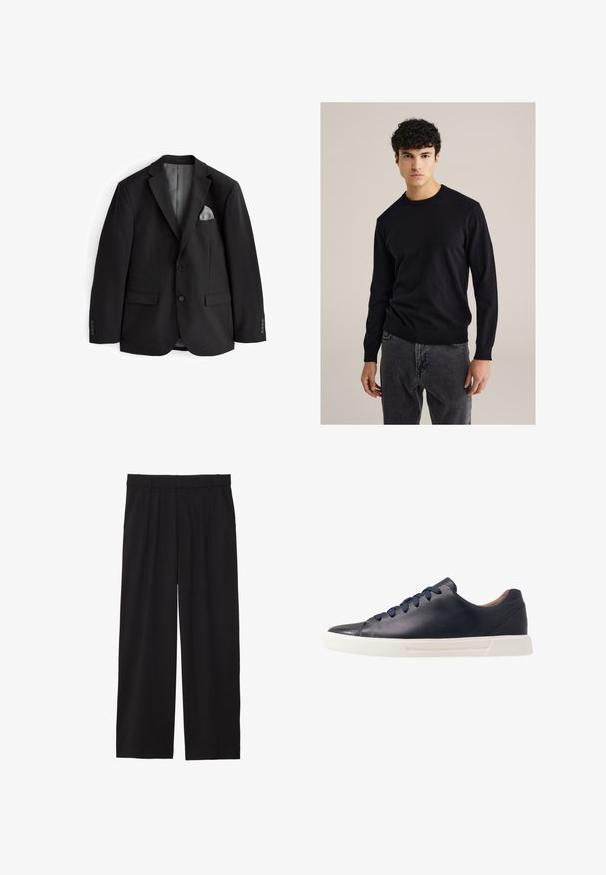 Crni sako s oštrim reverima, dva prednja džepa, sivi rupčić i dugmad na manžetama. Glatka tkanina, kroj po meri, bez uzoraka.; Crna pamučna dukserica s crewneck izrezom i dugim rukavima, rebrastim manžetama i donjim rubom; uparen s sivim trapericama. Jednostavan, prilagođen dizajn bez uzoraka.; Mladić s kovrčavom svijetlosmeđom kosom, odjeven u crnu majicu kratkih rukava i sive hlače, gleda ulijevo s rukama u džepovima.; Crne široke hlače s nabranim prednjim dijelom, bočnim džepovima i glatkom teksturom tkanine. Dizajnirane za opušteni kroj.; Mornarske kožne tenisice s glatkom površinom, ravnim bijelim gumirinim potplatom, okruglim vrhom i šest mornarskih vezica provučenih kroz okrugle rupice.