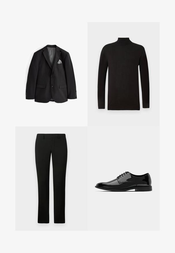 Črn blazer z izrezanim ovratnikom, dvema sprednjima žepoma, sivo robčko in z gumbi na manšetah. Gladka tkanina, krojena prileganja, brez vzorcev.; Črna turtleneck pulover iz mehkega pletenega materiala. Ima dolge rokave in oprijet kroj z rebrastim ovratnikom in robom. Minimalno blagovno znamčenje.; Črne hlače z prilegajočim se krojem, ki imajo gladko teksturo in raven kroj. Pas ima zanke za pas in čist zaključek.; Črne lakirane usnjene čevlje z zaobljenim nosom, vezanjem in gladko, sijočo površino. Imajo nizko profilirano gumijasto podplat.