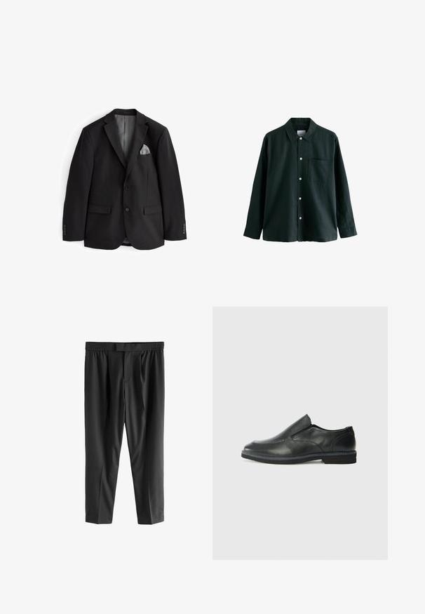 Zwarte blazer met een notch-lapel, twee voorkruiden, een grijze pochet en knoopsluiting bij de mouwen. Glad textiel, afgestemde pasvorm, geen patronen.; Donkergroene overhemden met kraag, lange mouwen en een enkele borstzak; heeft witte knopen en een zachte textuur.; Next REGULAR FIT -CHECK SMART - Chino - black; Zwarte leren instapper met een soepele bovenkant, gestikte accenten, ronde neus en een lage rubberen hak. De zool heeft minimale profiel.