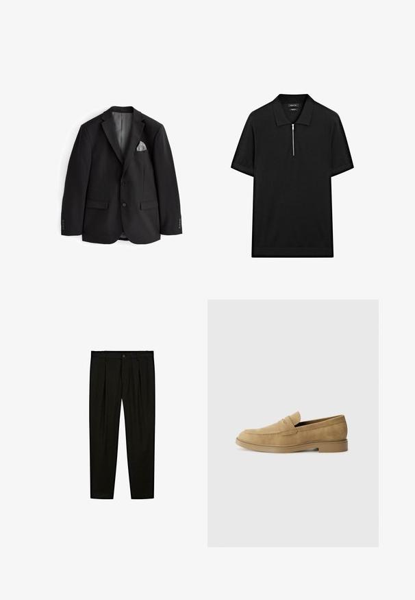 Sort blazer med klapkrave, to forlommer, et gråt lommeuld og knapmanchetter. Glat stof, skræddersyet pasform, uden mønstre.; Sort kortærmet polo skjorte med ståkrave og frontlynlås. Lavet af et glat stof med et rent, minimalistisk design.; Sorte skræddersyede bukser lavet af glat stof. Funktioner inkluderer flad front, brede ben og en knaplukning i taljen.; Tan ruskindsloafers med rund tå, lav blokhæl og syet detaljering på overdelen. Glat overflade og minimalistisk design.