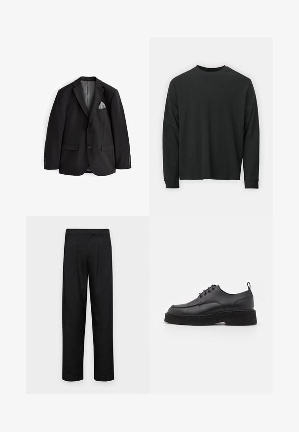 Sort blazer med klapkrave, to forlommer, et gråt lommeuld og knapmanchetter. Glat stof, skræddersyet pasform, uden mønstre.; Langærmet sort T-shirt lavet af bomuld, med rund halsudskæring, løs pasform og ribbede ærmer. Glat tekstur uden synlige mønstre.; Sorte bukser lavet af glat stof, med et lige ben-design, to frontfolder og en standard talje med bæltestropper.; Sort læder snøresko med rund tå, tyk sort platform sål og dekorativ syning langs kanten. Glat tekstur.