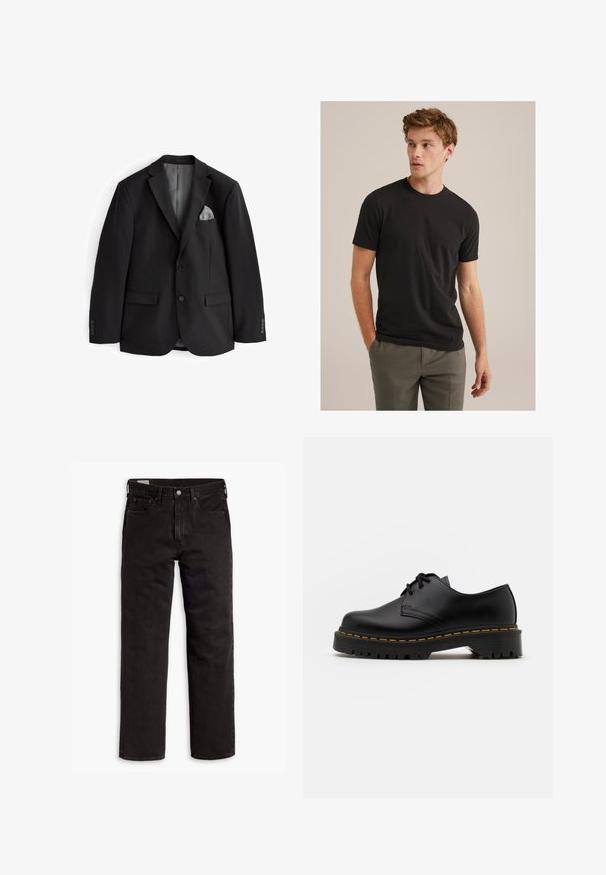 Czarny żakiet z klapami, dwoma przednimi kieszeniami, szarym chusteczką w kieszeni i zapinanymi mankietami. Gładki materiał, dopasowany krój, bez wzorów.; Młody mężczyzna z kręconymi jasnobrązowymi włosami, ubrany w czarną koszulkę z krótkim rękawem i szare spodnie, patrzy w lewo z rękami w kieszeniach.; Czarne dżinsy proste z pięcioma kieszeniami, zapięciem na guzik i paskiem, rozłożone na białym tle.; Czarne skórzane buty na sznurówki z zaokrąglonym noskiem, teksturowaną gumową podeszwą i żółtym przeszyciem wokół podstawy. Płaski design i gładkie wykończenie.