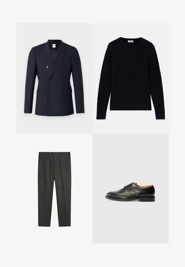 Marineblaues, doppelt geknöpftes Sakko aus glattem Stoff, mit zwei Reihen schwarzer Knöpfe, Schalkragen und Fronttaschen.; Dunkelblauer Langarmpullover mit strukturiertem Strickmuster und geripptem Bündchen und Saum. Rundhalsausschnitt; Etikett am hinteren Kragen.; Graue Wollmischungshose mit einem Nadelstreifenmuster, geradem Schnitt, seitlichen Taschen und einem vorderen Knopfverschluss. Strukturierter Stoff, glatte Textur.; Schwarzer Lederschuh mit glatter Oberfläche, abgerundetem Zehenbereich und minimaler Schnürung. Verfügt über ein dezentes Design und eine niedrige, robuste Gummisohle.