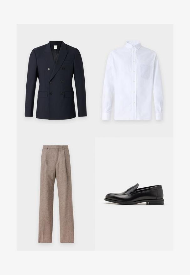 Granatowy marynarka dwurzędowa z gładkiego materiału, z dwiema rzędami czarnych guzików, klapami typu notch oraz kieszeniami z przodu.; Biała koszula z długim rękawem na guziki, wykonana z bawełny, z kieszonką na piersi z tonowym haftem, kołnierzykiem i zapięciem na guziki przy mankietach.; Brązowe, wysokiej talii spodnie wykonane z teksturowanej tkaniny. Posiadają szerokie nogawki i dwa przednie zakładki dla lepszej struktury. Starannie wykończone, bez widocznych elementów metalowych.; Czarne skórzane mokasyny o gładkiej fakturze, zaokrąglonym nosku i dekoracyjnym pasku na przodzie. Niski, warstwowy obcas, minimalistyczny design.
