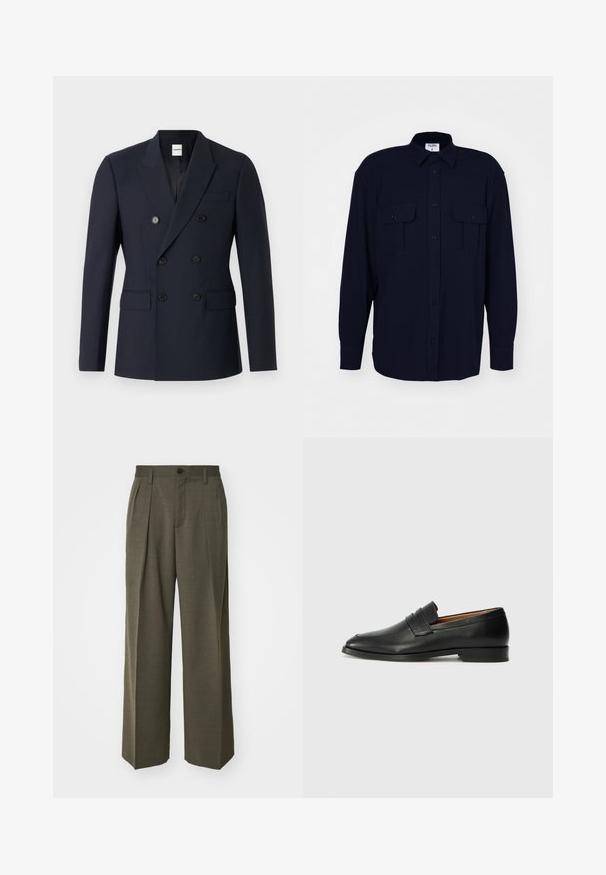 Sacou bleumarin cu două rânduri de nasturi, confecționat dintr-un material neted, având rever tip notch și buzunare frontale.; Filippa K RELAXED PATCH POCKET SHIRT - Cămașă - navy; Filippa K WIDE TROUSERS - Pantaloni - driftwood; Lofer din piele neagră, cu vârf rotund, detalii cusute subtile și toc jos, având o textură netedă și un design minimalist.