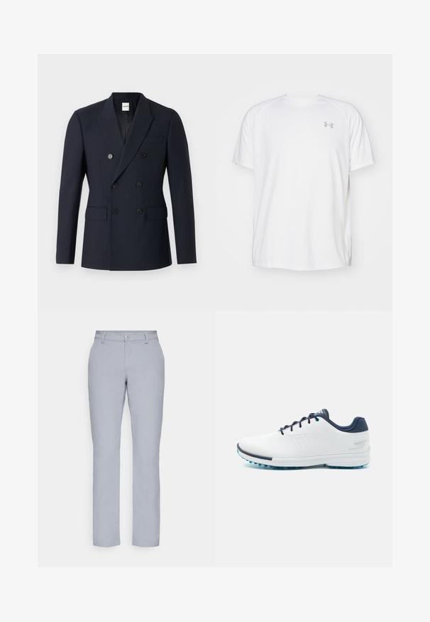 Námornícky dvojradový blazer vyrobený z hladkej textílie, s dvoma radmi čiernych gombíkov, klopami a prednými vreckami.; Biele atletické tričko s krátkym rukávom vyrobené z hladkej tkaniny. Má okrúhly výstrih a šedé logo na ľavej hrudi, so štrbinami po stranách na leme.; Svetlošedé nohavice s rovnými nohavicami, zapínaním na gombík, prednými vreckami a hladkým, štruktúrovaným materiálom. Minimalistický dizajn, bez vzorov.; Biele atletické topánky s hladkým syntetickým vrchom, modrými akcentmi, texturovaným námorníckym opätkom a ľahkou, hrotovanou podrážkou pre trakciu.