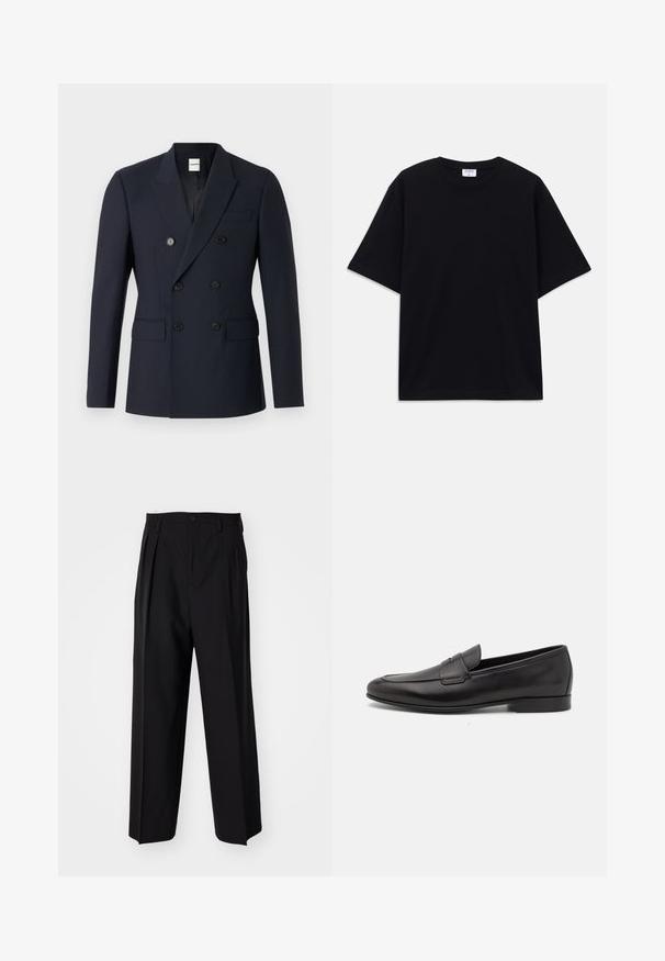 Blazer de marina de doble botón, hecho de una tela suave, con dos filas de botones negros, solapas muestradas y bolsillos frontales.; Camiseta oversized de manga corta en negro con escote redondo y etiqueta de la marca Filippa K visible en el interior del cuello.; Pantalones negros plisados con un diseño recto y de pierna ancha. Fabricados en una tela suave, presentan un cierre de botón y trabillas para el cinturón.; Mocasín negro de cuero para hombres con un tacón bajo y un diseño clásico de cinta para monedas, mostrado en perfil lateral sobre un fondo blanco.