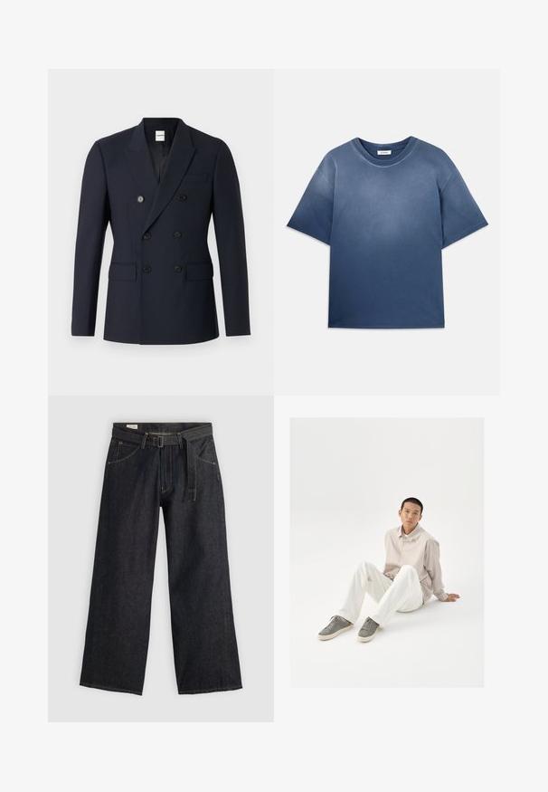 Sötétkék, dupla soros blézer, sima anyagból készült, fekete gombokkal, kiflott hajtókával és elülső zsebekkel.; Kék pamut póló, puha tapintással, lazább fazonban, rövid ujjakkal és kerek nyakkivágással. Fokozatos színelhalványulás jellemzi.; Sötét farmer széles lábú nadrág övvel a deréknál, elülső zsebekkel és kontrasztos varrással. Sima textúra tiszta dizájnnal.; Beige gombos ing, fehér nadrág és szürke sportcipő. Az ing laza fazonú, a sportcipő pedig textúrált felületű és fűzős kialakítású.