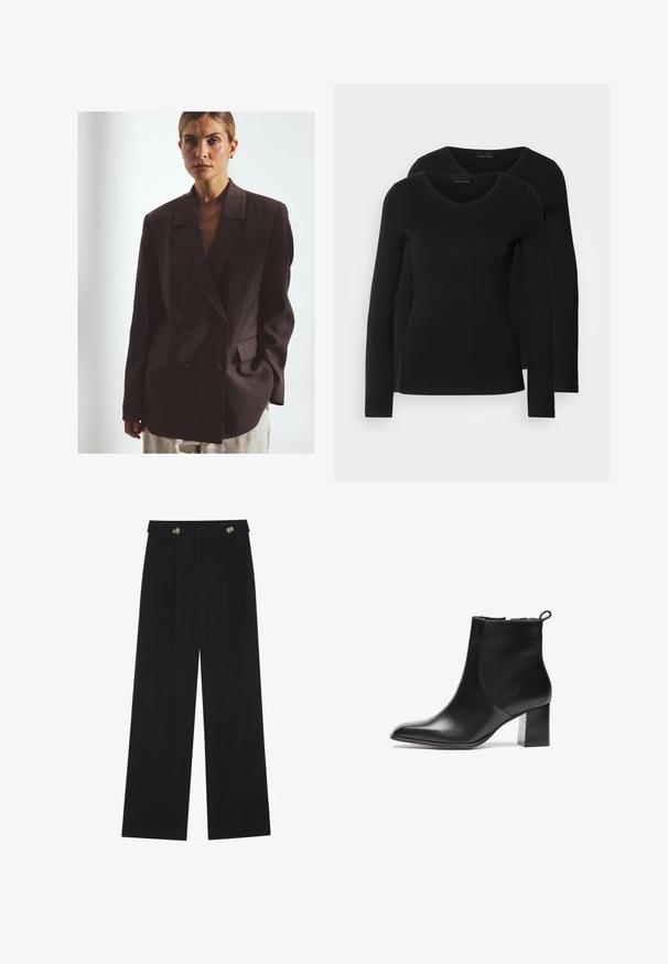 Dark brown double-breasted blazer made of smooth fabric, featuring large buttons, notched lapels, and a single chest pocket.; Two black long-sleeve shirts with a V-neck design, made of soft, stretchy fabric, showing smooth texture and a fitted shape.; Black wide-leg trousers with high waist, button details on waistband, and front pleats.; Black leather ankle boot with a rounded toe, a mid-height block heel, and a pull tab at the back. Smooth texture, minimal design.