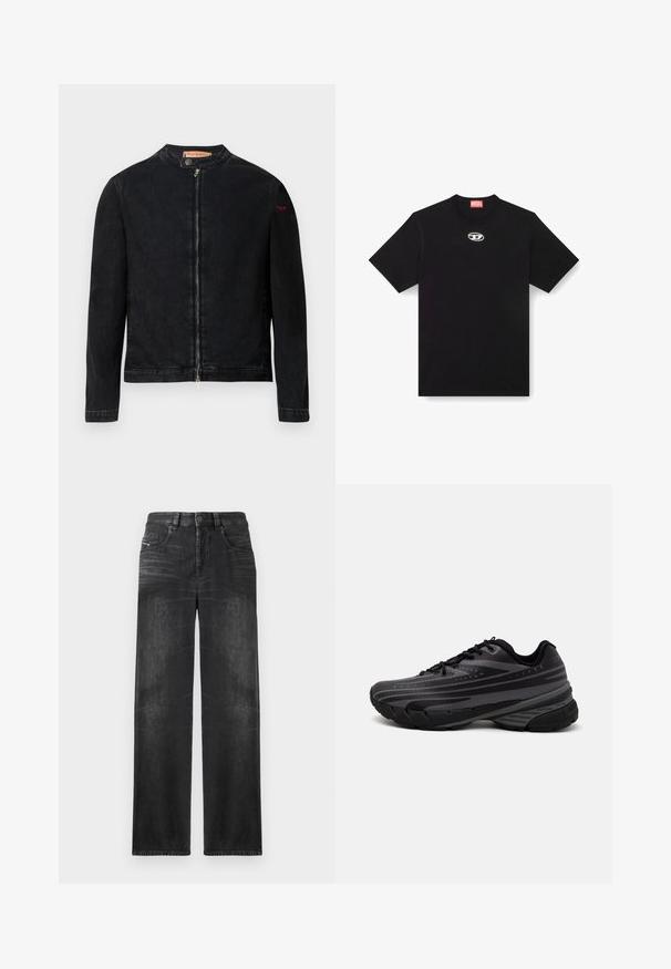 Svart jeansjacka med rund krage, dragkedja framtill och en liten röd logga på vänster ärm. Har en slät yta och figurnära design.; Svart bomulls-t-shirt med rund hals och korta ärmar. Har en liten, silverfärgad logotyp broderad i mitten av framsidan.; Svarta rak ben-jeans i denim, med fem fickor, bälteshällor och subtila blekningar på tyget för struktur.; Svart löparsko med en texturerad ovandel och grå ränder. Tjock sula för dämpning, rund tå och platta snören för en säker passform.