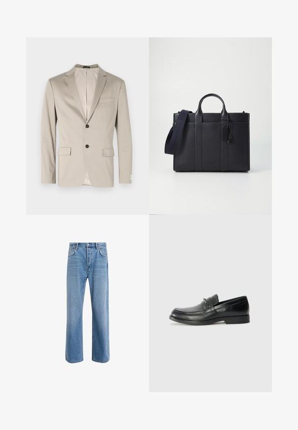 Beżowa bawełniana marynarka o strukturalnym fasonie, z klapkami, dwoma przednimi kieszeniami, zapięciem na jeden guzik oraz kontrastową podszewką.; Czarny sweter z golfem wykonany z gładkiej dzianiny. Posiada długie rękawy, dopasowany kołnierz oraz ściągacze przy mankietach i u dołu, co zapewnia snug fit.; Jasnoniebieskie dżinsy o prostym kroju, pięć kieszeni, zapięcie na guzik, minimalne blaknięcia i kontrastowe wykończenia szwów.; Czarne skórzane mokasyny z okrągłym noskiem, z haftowanym wzorem, małym przednim paskiem z detalami metalowymi oraz płaską gumową podeszwą.; Ciemnogranatowa skórzana teczka z podwójnymi rączkami u góry i odpinanym paskiem. Posiada teksturowane wykończenie, pionowe przeszycia oraz detal z logo.