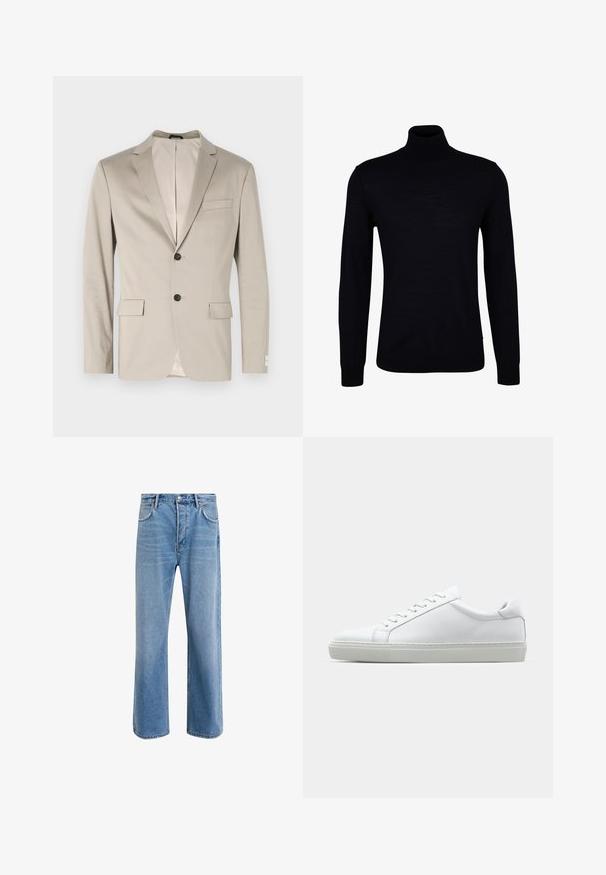 Bež jakna iz bombaža s strukturiranim dizajnom, zareznimi reverji, dvema sprednjima žepoma, enojnim gumbom za zapiranje in kontrastno notranjo podlogo.; Črna turtleneck pulover iz gladkega pletenega materiala. Ima dolge rokave, prilegajoč vrat ter rebraste manšete in spodnji rob za tesen fit.; Svetlo modre denim kavbojke s ravno nogavico, petimi žepi, z gumbom za zapiranje, minimalnim zbledelostjo in kontrastnimi šivi.; Bela športna obutev z gladkim usnjenim zgornjim delom in nizkim profilom. Ima zaokrožen nos, šest lukenj za vezalke in teksturiran gumijast podplat.