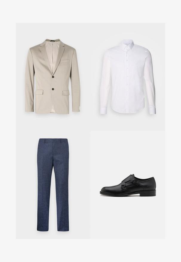 Bežinis medvilninis švarkas su struktūrizuotu dizainu, įpjovomis apykaklėmis, dviem priekiniams kišenėms, viena mygtuko uždarymo ir kontrastinga vidine pamušalu.; Baltas ilgas rankoves mygtukinis marškinys, pagamintas iš medvilnės, su klasikinio tipo apykakle, priekyje esančiais mygtukais ir minimaliais siuvinėjimo detalėmis.; Tamsiai mėlynos kelnės, pagamintos iš tekstūruoto audinio, su tiesiomis kojomis, lygia priekiu ir dviem šoninėmis kišenėmis. Nėra matomų raštų ar akcentų.; Juodas odinis vakariniu batų modelis su dviem sagtimis, elegantiška siluetas ir apvaliu nosiu. Yra žemas kulnas ir glotni tekstūra.
