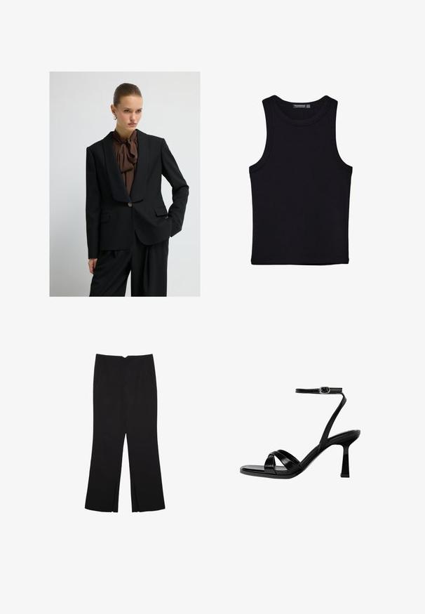 Musta pinstripes-kuvioitu bleiseri, jossa on viittakaulus, yksittäinen nappikiinnitys ja kaksi etutaskua; yhdistetty ruskeaan rusettipaitaan.; Musta hihaton paita, joka on valmistettu puuvillasta, ja jossa on pyöreä kaula-aukko sekä leveät kainaloaukot. Silkkinen pinta ja ommellut reunat. Klassinen, minimalistinen muotoilu.; Mustat housut suoralinjaisella leikkauksella, joissa on etutaskut ja sivurei'ät helman alla. Valmistettu pehmeästä ja sileästä kankaasta. Sopii eri tilaisuuksiin.; Musta remmellinen korkokenkä, jossa on neliönmuotoinen varvas. Varustettu ohuella nilkkaremillä, kiiltävällä nahkamateriaalilla ja tikapuu-korkokengällä.