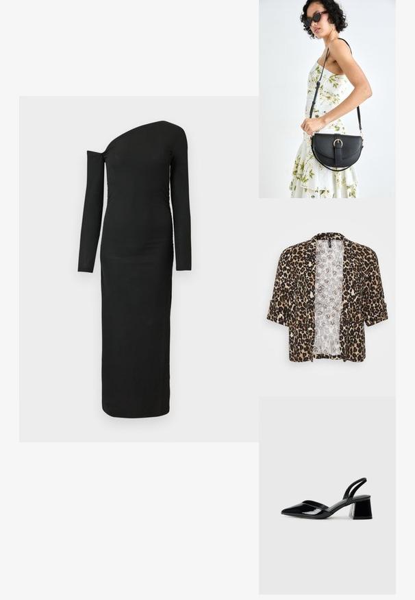 Leopardmuster-Jacke aus weichem Stoff, mit kurzen Ärmeln, offenem Vorderteil und einer kontrastierenden, hellen Innenauskleidung.; Schwarzes, eng anliegendes Langarmkleid mit asymmetrischem Ausschnitt und gerafftem Seitendetail, aus geripptem Stoff gefertigt.; Schwarze Lackleder-Slingback-High Heels mit spitzem Schuh und einem geometrischen Blockabsatz. Verfügt über ein schlankes, minimalistisches Design und eine glatte Textur.; Schwarze Lederhandtasche mit geschwungener Form, abnehmbarem Tragegurt und goldenen Beschlägen. Die Tasche verfügt über einen Deckel mit einer Schnallen-Details.