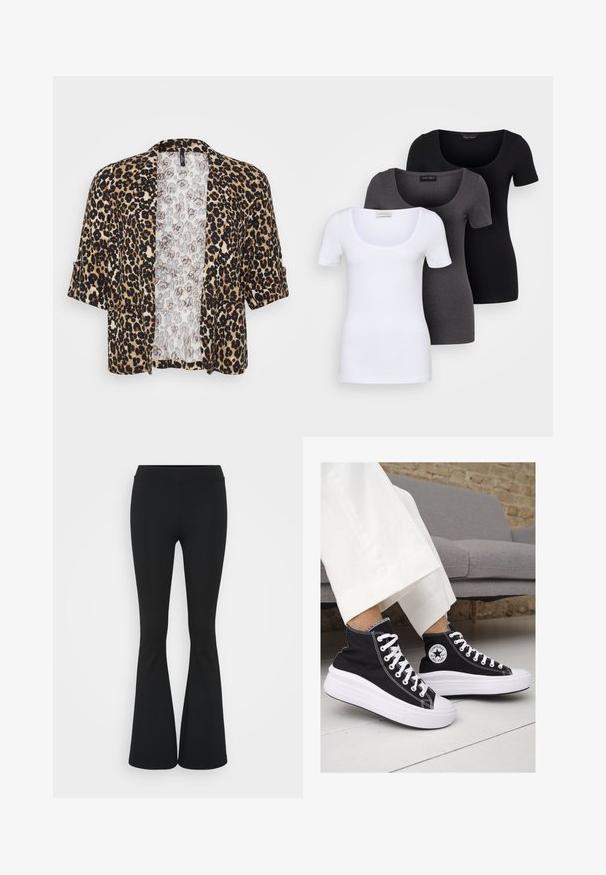 Jasje met panterprint van zacht materiaal, met korte mouwen, een open voorkant en een contrasterende lichtgekleurde binnenvoering.; Drie getailleerde T-shirts in het wit, grijs en zwart. Elk met een brede ronde hals en korte mouwen. Gemaakt van gladde, rekbare stof.; Zwarte uitlopende broek van rekbaar materiaal, met een hoge tailleband en een gladde textuur. De broek loopt uit vanaf de knie.; Zwarte canvas hoge sneakers met witte rubberen zolen en veters. Voorzien van een cirkelvormig logo aan de zijkant en contrasterende witte stiksels.