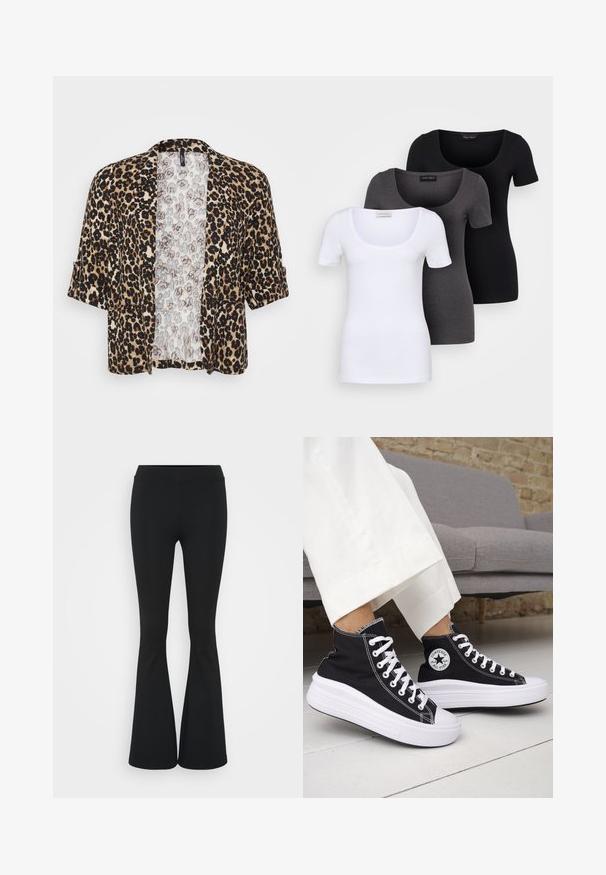 Jasje met panterprint van zacht materiaal, met korte mouwen, een open voorkant en een contrasterende lichtgekleurde binnenvoering.; Drie getailleerde T-shirts in het wit, grijs en zwart. Elk met een brede ronde hals en korte mouwen. Gemaakt van gladde, rekbare stof.; Zwarte uitlopende broek van rekbaar materiaal, met een hoge tailleband en een gladde textuur. De broek loopt uit vanaf de knie.; Zwarte hoge sneakers met witte rubberen zolen en veters. Voorzien van een ronde logo patch en contrasterende witte stiksels. Gemaakt van canvas.