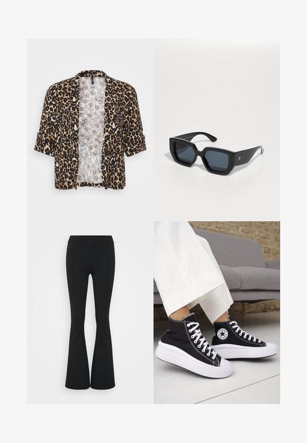 Leopard print jacket made of soft fabric, featuring short sleeves, an open front, and a contrasting light-colored inner lining.; Three fitted T-shirts in white, gray, and black. Each features a wide scoop neckline and short sleeves. Made from smooth, stretchy fabric.; Black flared pants made of stretchy fabric, featuring a high waistband and a smooth texture. The pants flare out from the knee.; Black high-top sneakers with white rubber soles and laces. Features a round logo patch and contrasting white stitching. Canvas material.; Black oversized sunglasses with a geometric design, rectangular lenses, and glossy finish. No visible branding on the front.