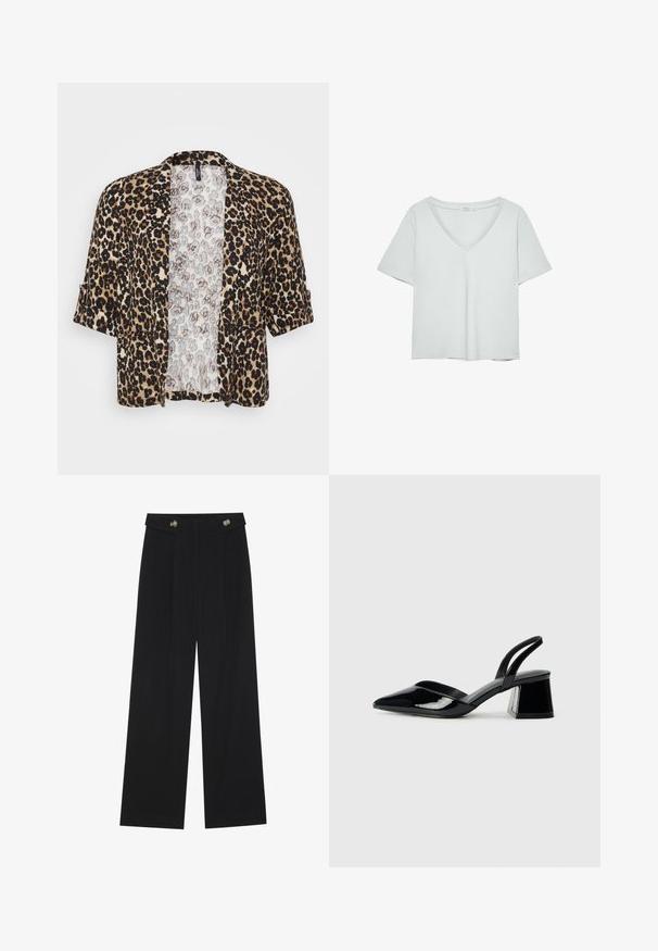 Leopardmuster-Jacke aus weichem Stoff, mit kurzen Ärmeln, offenem Vorderteil und einer kontrastierenden, hellen Innenauskleidung.; Hellgraues T-Shirt mit kurzen Ärmeln und V-Ausschnitt, aus weichem Material gefertigt; verfügt über eine lockere Passform und saubere Nähte ohne Muster.; Schwarze weite Hosen mit hoher Taille, Knopfdetails am Bund und vorderen Falten.; Schwarze Lackleder-Slingback-High Heels mit spitzem Schuh und einem geometrischen Blockabsatz. Verfügt über ein schlankes, minimalistisches Design und eine glatte Textur.