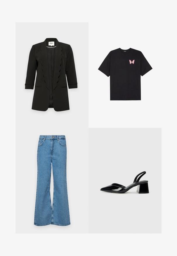 ONLY ONLELLY 3/4 LIFE SCALLOP - Suknjič - black; Črna bombažna majica s kratkimi rokavi, ki ima majhen roza metuljček na levi strani prsnega dela. Majica s krožnim ovratnikom in sproščenim krojem.; Svetlo modri razširjeni džins hlače iz denima, z visokim pasom, petimi žepi in enim gumbom za zapiranje. Mehka tekstura z blagim zbledelim videzom.; Črne lakirane slingback pete s koničastim nosom in geometrijsko blokasto peto. Imajo eleganten, minimalističen dizajn in gladko teksturo.